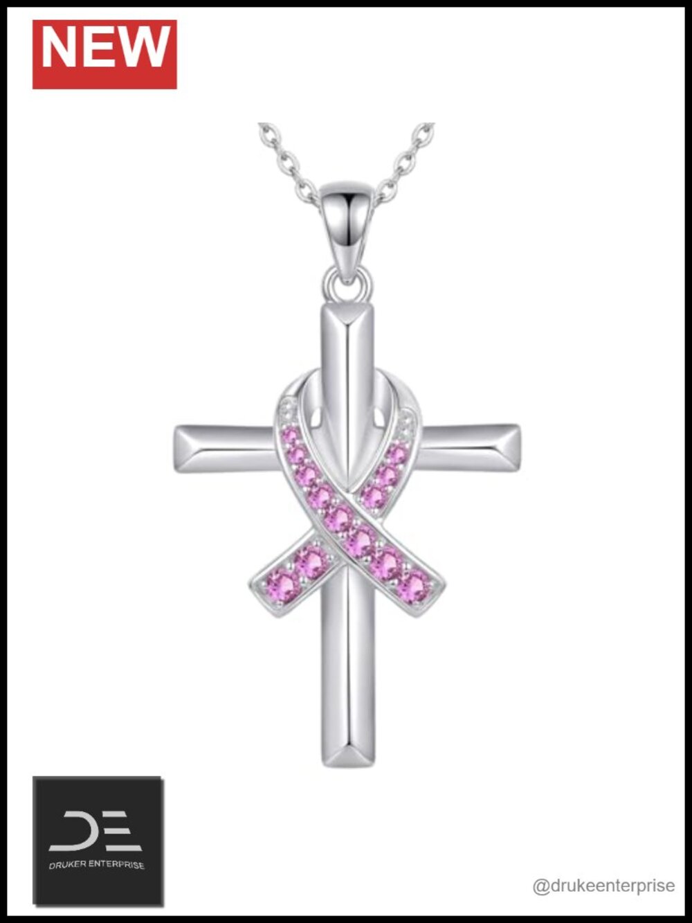 Sterling Silver Breast Cancer Cross Butterfly Pendant Necklace